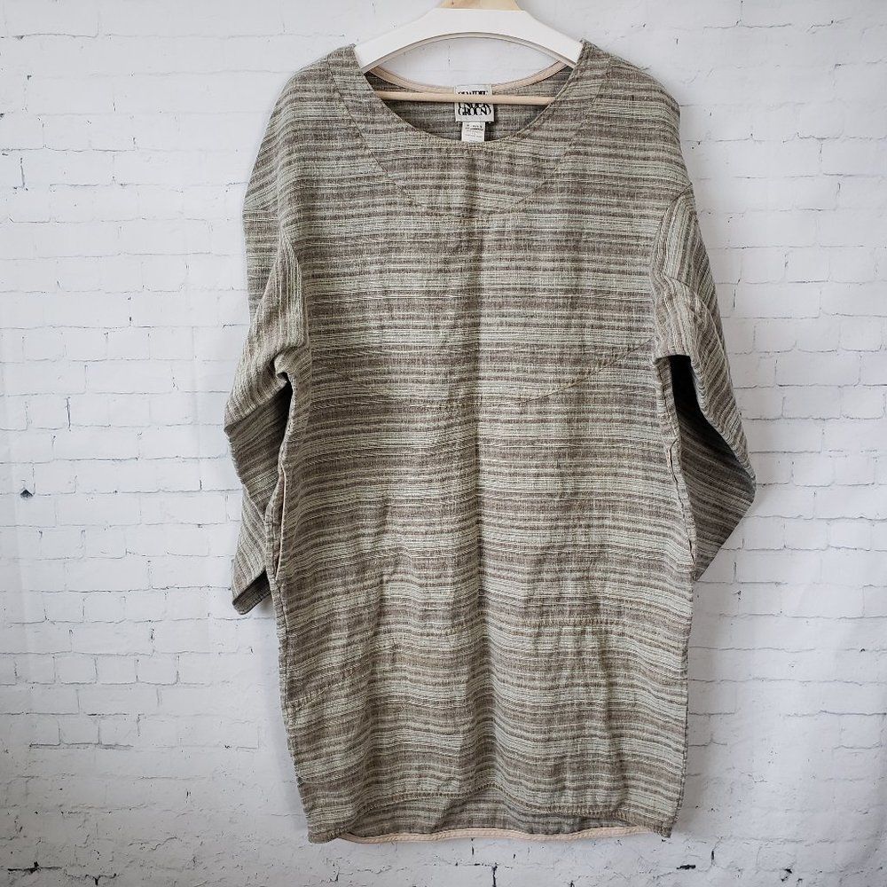 Prairie Underground Dress Size M / L Green Striped Hemp Blend Pockets Lagen Look